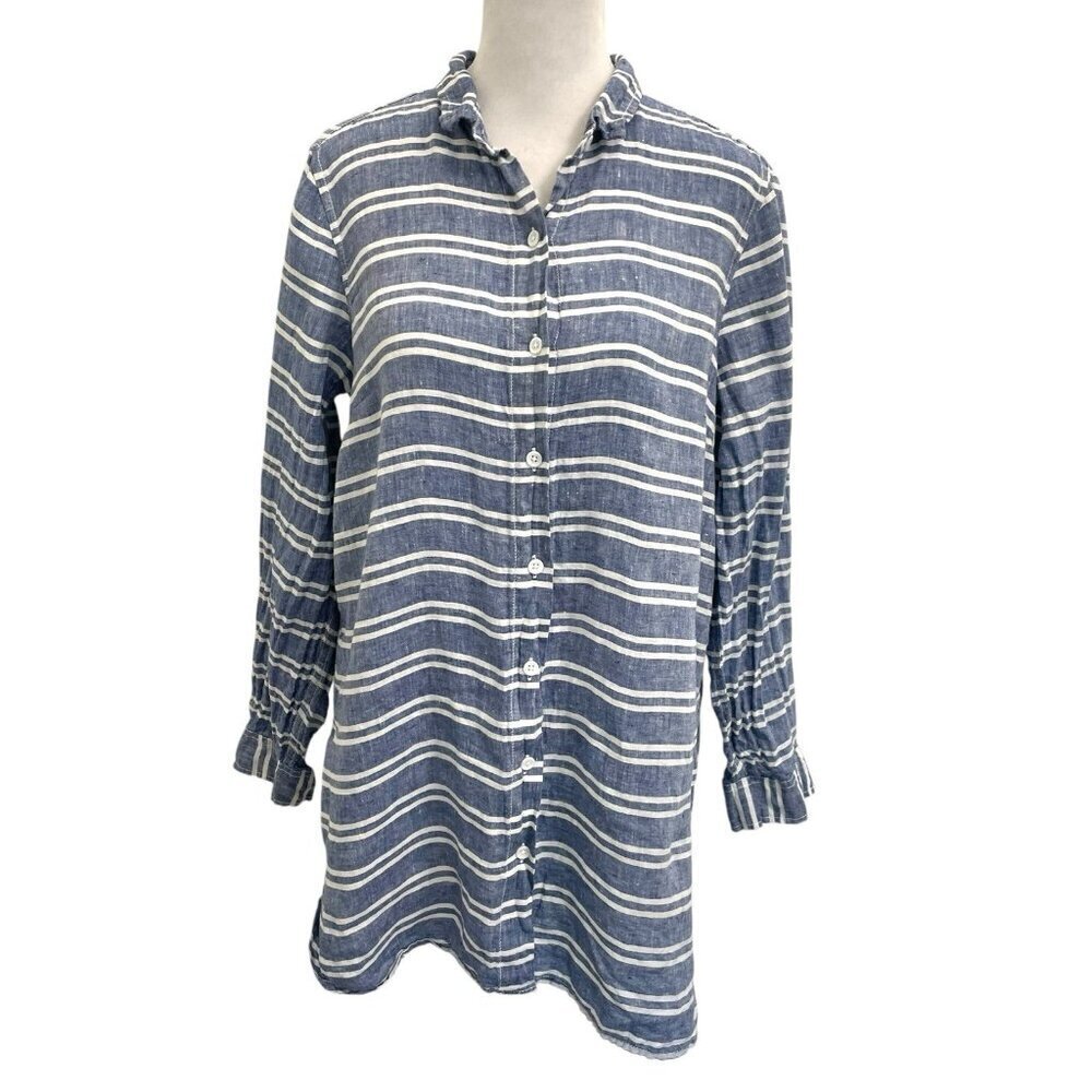 Garnet Hill 100% Linen Stripe Button Down Shirt Tunic Nautical Blue Petite Small